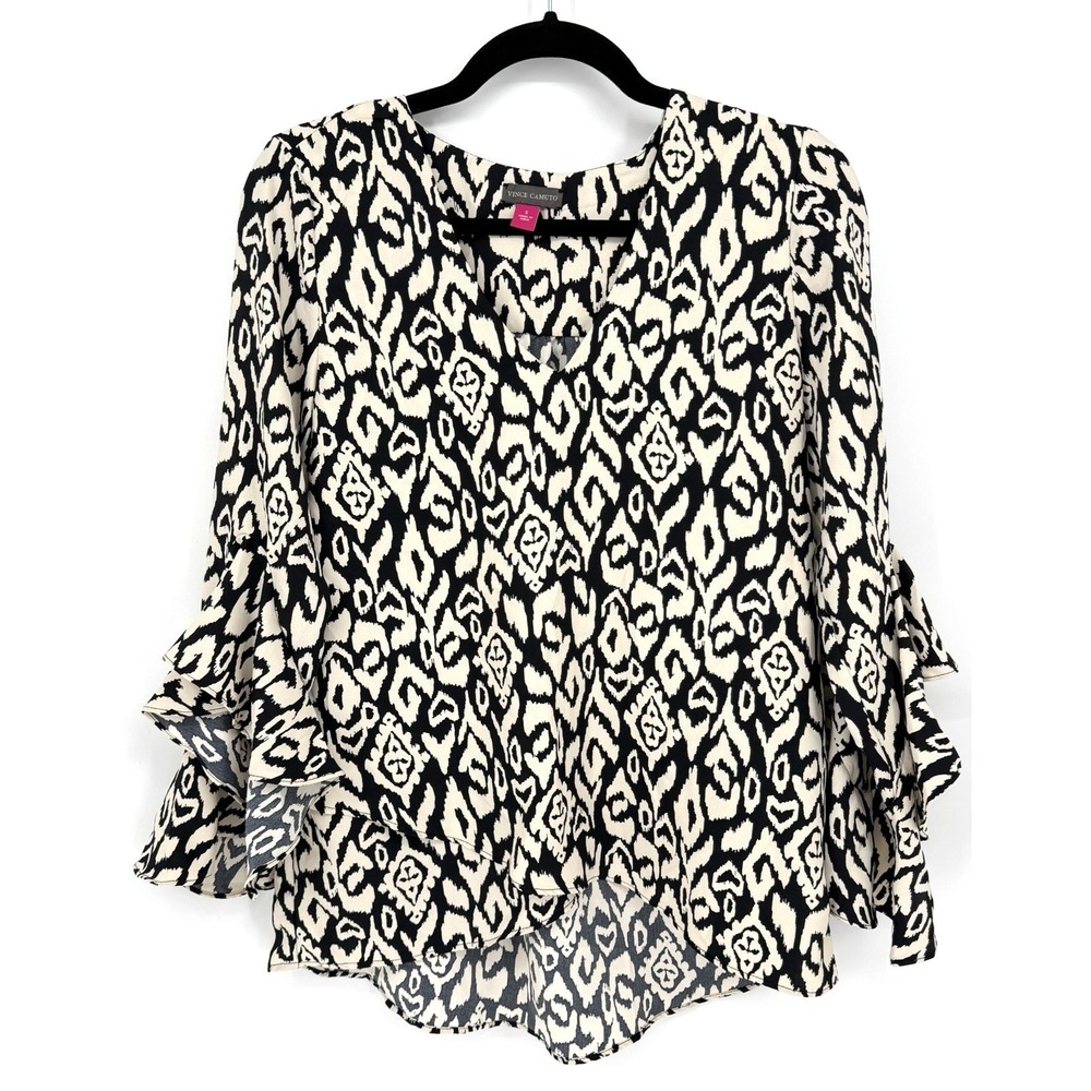 Vince Camuto Women's Flutter‎ Sleeve V- Neck Blouse Black/Cream Small NWT